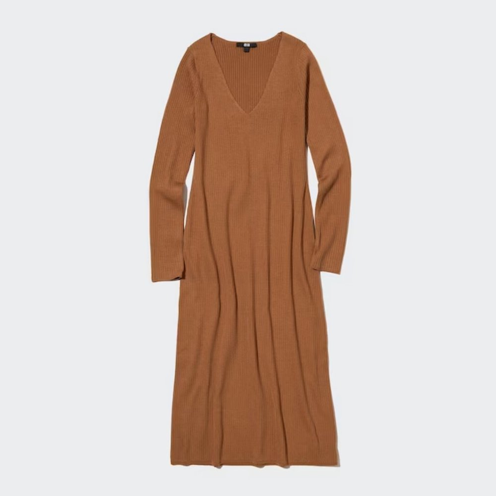 Uniqlo Merino Wool Blend Fitted V-Neck Long-Sleeve Dress - Ochre